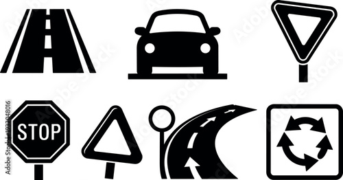 Flat design front view car and highway icons road signs stop yield roundabout directional curved lane minimal black silhouette vector