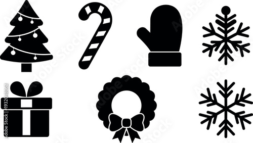 Flat design christmas icon set showing decorated tree candy cane mitten wreath gift and snowflakes simple black silhouettes arranged row
