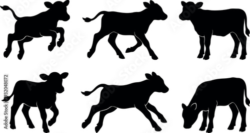 Silhouette vector six black calf poses running jumping walking grazing standing side view isolated on white background flat minimal collection