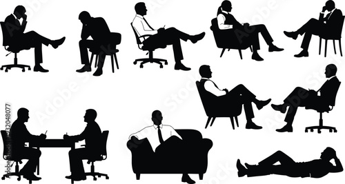 Silhouettes of business men seated, reclining, office chairs, armchairs, couch poses, meeting conversation, workplace posture illustration, vector design, professional art