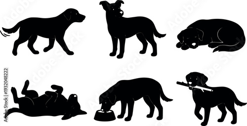 Vector dog silhouette set six playful poses including standing walking sleeping rolling eating carrying stick in simple flat black style