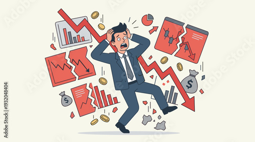Panicked Businessman in Suit Surrounded by Falling Red Stock Market Charts and Broken Graphs Representing Financial Failure, Bankruptcy, Economic Crisis, and Investment Loss Vector Illustration