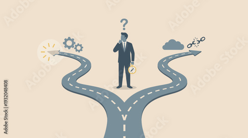 Businessman standing at a crossroads making a life decision between two paths, one leading to success with gears and light, the other to failure with clouds and broken chains, career choice concept.