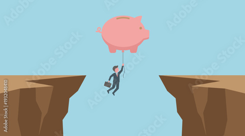 Businessman in a suit holding onto a large pink piggy bank balloon to fly across a deep cliff gap, concept of financial security, savings, investment, and overcoming economic challenges.