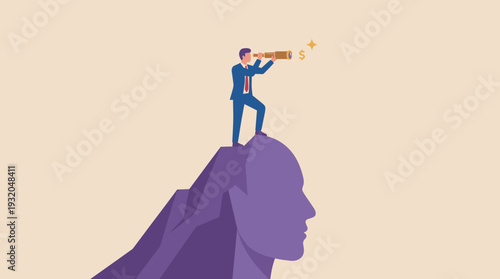 Businessman standing on top of a mountain peak shaped like a human head looking through a spyglass for financial opportunities and success, business vision, leadership, and strategy concept.