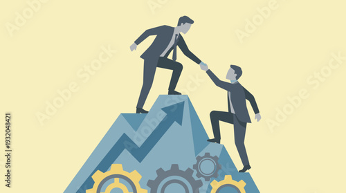 Businessman Pulling Partner to the Top of a Mountain with Gears and Upward Arrow, Concept of Leadership, Teamwork, Mentorship, and Business Growth Success, Flat Style Vector Illustration Art