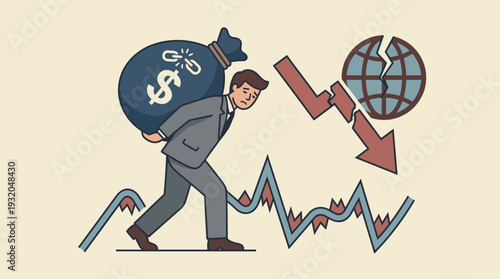 Businessman struggling under the heavy burden of debt and financial loss during a global economic crisis, recession concept with downward market trend arrow and broken globe illustration
