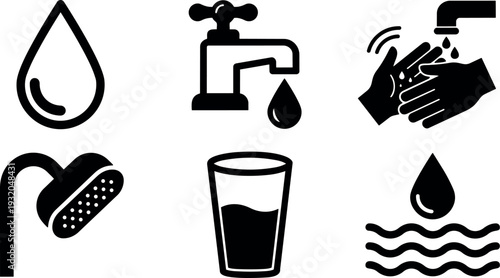 Flat design water and hygiene icon set showing six black water drop tap glass shower handwashing icons minimalist silhouette vector