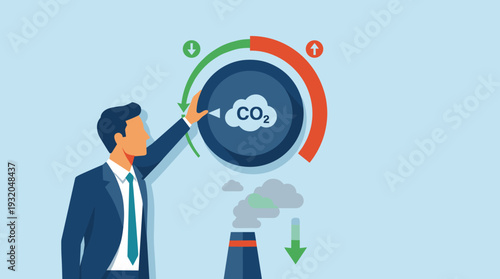 Businessman turning a CO2 control dial to reduce carbon dioxide emissions and industrial pollution, concept of corporate environmental responsibility, net zero goals, and climate change action.
