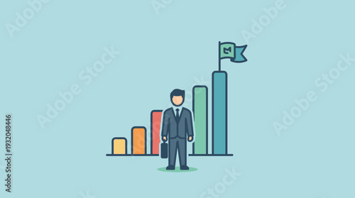 Professional businessman standing before a rising bar graph with a flag at the peak, symbolizing career growth, corporate success, financial achievement, leadership, and reaching milestones.