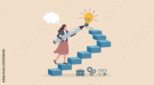 Businesswoman climbing blue stairs while drawing a bright light bulb at the top with a large pen, representing career planning, dreaming big, professional growth, innovation, and achieving goals.