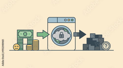 Conceptual Vector Illustration of Money Laundering Process Showing Clean Cash and Coins Entering a Washing Machine and Emerging as Dark Broken Blocks Representing Illegal Financial Activity