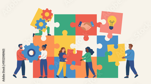 Diverse Business Team Working Together to Assemble a Large Jigsaw Puzzle with Gear, Handshake, and Lightbulb Icons, Representing Collaboration, Strategy, Innovation, and Successful Partnership