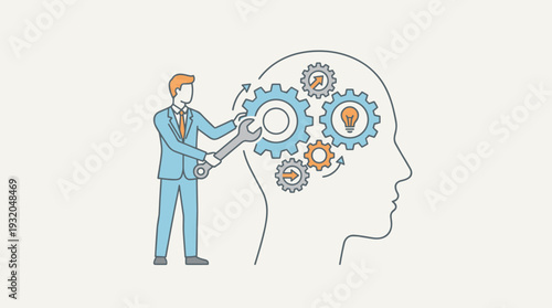 Businessman Using a Wrench to Adjust Gears Inside a Human Head Profile, Representing Mindset Change, Psychology, Brain Training, Personal Growth, Innovation, and Learning New Skills for Success.