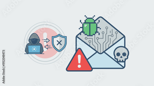 Cybersecurity Concept Illustration of a Hacker Attack with Malicious Email Spam, Computer Virus Bug, Skull Icon, and Warning Alert for Phishing Scam and Data Breach Protection Failure