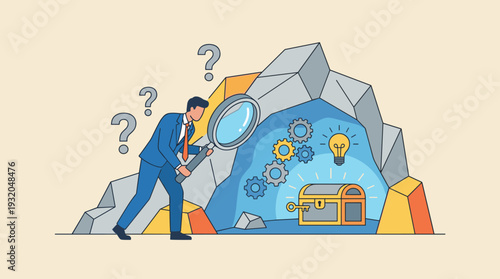 Businessman searching for creative solutions and innovation with a magnifying glass in a cave, discovering a treasure chest with gears and a lightbulb, concept of business strategy and insight.