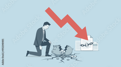 Sad Businessman Kneeling Next to a Broken Piggy Bank with a Large Red Downward Arrow, Representing Financial Crisis, Bankruptcy, Economic Failure, Debt, and Loss of Savings Vector Illustration
