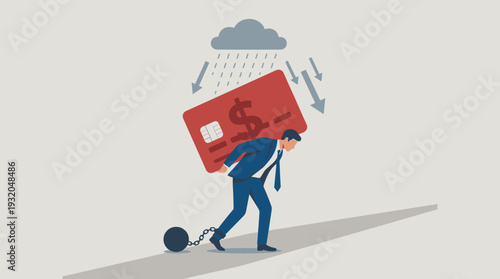 Businessman Carrying a Giant Credit Card and Chained to a Ball, Representing Financial Debt, Loan Obligations, Bankruptcy, Economic Crisis, and the Heavy Burden of Unpaid Bills and High Interest.