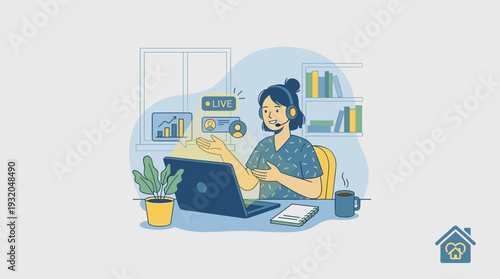 Young Woman Performing a Live Stream Event in Front of Laptop at Home Office. Wearing a Headset and Presenting Data Charts. Remote Work, Online Education, and Webinar Concept Vector Illustration.