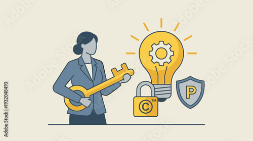 Businesswoman Holding a Key to Intellectual Property Protection Concept with Glowing Light Bulb, Copyright Padlock, and Patent Shield, Legal Rights for Innovation and Creative Assets Security.