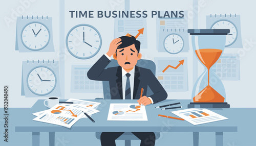Stressed Businessman Overwhelmed by Deadlines and Time Management Issues at Desk with Hourglass, Clocks, and Business Plans, Concept of Pressure to Meet Goals and Lack of Time in Corporate Office