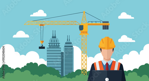 A vibrant vector illustration depicts a construction site with a yellow crane, modern skyscrapers, lush greenery, and an engineer with a laptop.