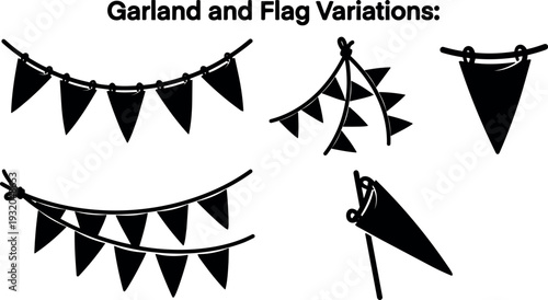 Flat design close up vector garland and pennant flag variations with hanging strings multiple angles top view festive silhouette black