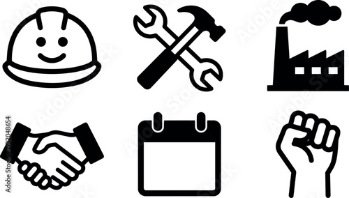 Flat design industrial icon set with six symbols hard hat crossed wrench and hammer factory handshake calendar raised fist minimal