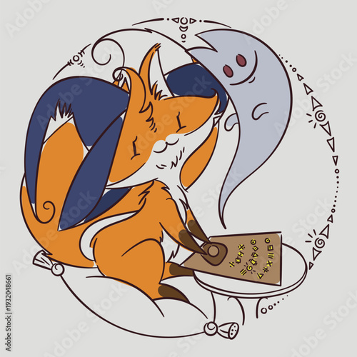 The fox witch plays with a spirit board, communicates with a friendly ghost. A cartoon fox drawn in a simple outline style. Vector illustration of a cheerful animal.