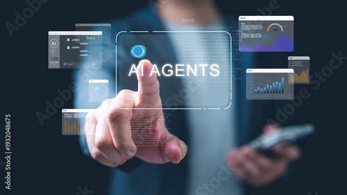 Canvas Print Close up businessman select AI agents interface with data analytics dashboards, representing artificial intelligence automation, chatbot systems, performance insight and digital workflow optimization