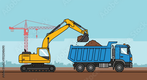 An excavator loads a dump truck with dirt at a construction site, with a crane and city buildings in the background.
