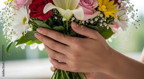 Close-up of hands holding a vibrant bouquet of flowers.