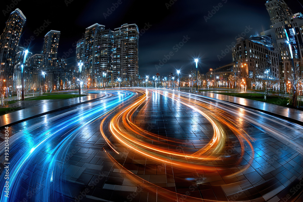 Fototapeta premium City lights streak through a dark urban nightscape