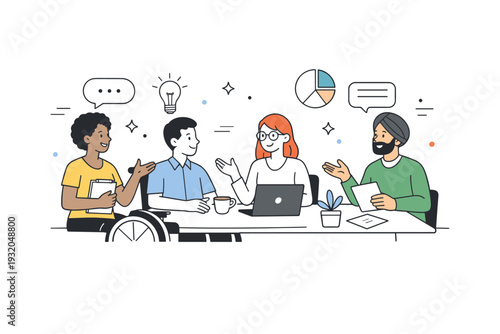 Diversity and inclusion. Workplace scene with inclusive team members exchanging ideas, calm professional mood emphasizing equal voices and collaboration.