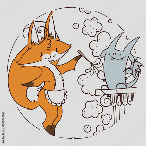 A tidy housewife tidies up. A maid dusts a gargoyle. The living statue rejoices in the cleanliness and pleasant company. A cartoon fox drawn in a simple outline style. Vector illustration