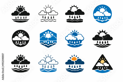 Understanding the water cycle. Icon set. Set Logo of Understanding the water cycle: sun and clouds. harmonious logo variations of the same emblematic concept,