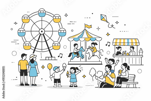 Summer fairs and fun rides. Ferris wheel turning slowly above a cheerful fairground, people enjoying the moment below. Lighthearted summer joy and relaxed