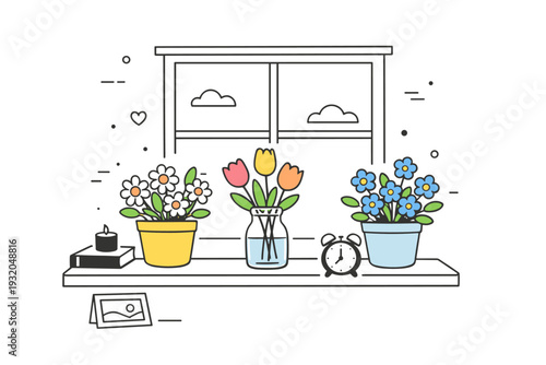 Flowers near windows at home. A simple interior with a window frame and flowers placed nearby, no people present. Stillness, light, and lived-in warmth.