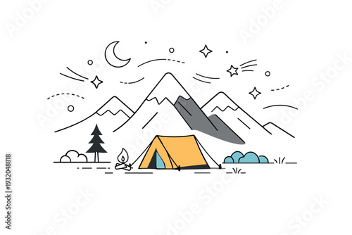 mountain range camping. A small tent set at the foot of a mountain range, abstract stars and soft lines floating around, peaceful and cozy outdoor scene.