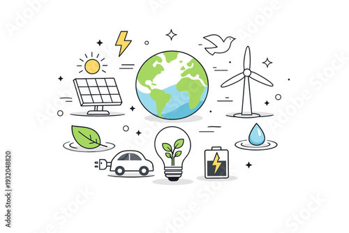 Green energy. Abstract harmony between nature elements and energy symbols, floating in a balanced composition. Editorial illustration expressing clean power,