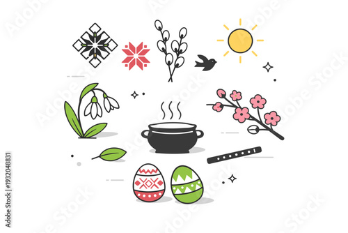 Spring cultural symbols. Minimal objects such as traditional patterns, plants, and abstract icons floating together, representing heritage meeting seasonal
