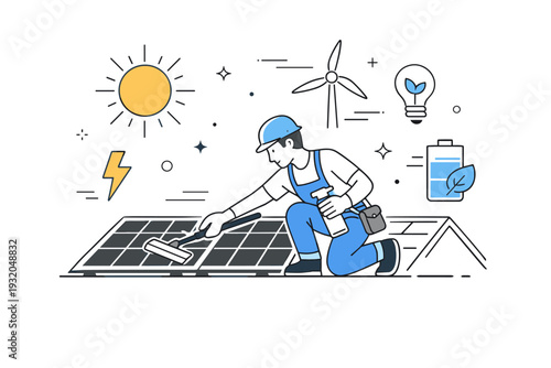 Solar panel maintenance. A worker inspecting and cleaning solar panels on a rooftop, abstract floating icons of sun and energy symbols emphasizing renewable