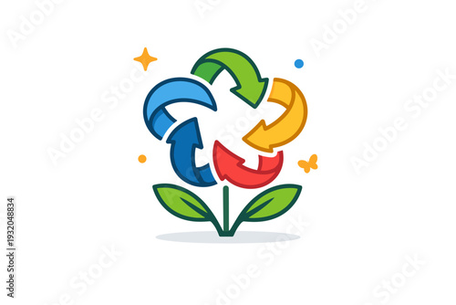 Spring recycling concept circular arrows forming a flower shape with subtle leaves, symbolizing renewal, balance and harmony between nature and modern life.