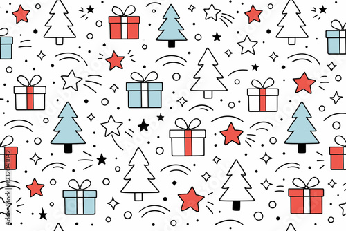 Seamless Christmas pattern. Abstract yet recognizable holiday pattern with stars, trees, and gift shapes repeating smoothly. Clean composition designed for