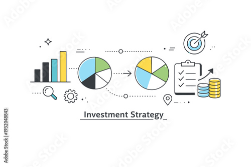 Investment strategy. Clean abstract composition with bar charts, pie segments, and connecting lines, visualizing diversified portfolios and
