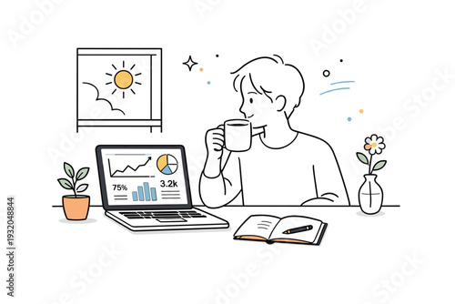Synthetic but natural-looking lifestyles. A daily routine scene shows a person checking data on a screen while enjoying coffee and sunlight, blending digital