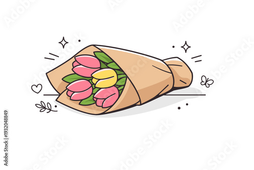 Tulips wrapped in paper close-ups on a table. A bouquet rests on a flat surface, paper edges slightly open to reveal blooms. Quiet still life with seasonal