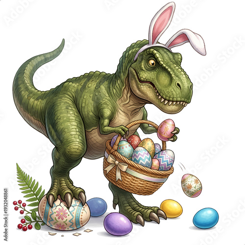 Easter egg hunt funny moment: dinosaur trying to collect Easter eggs in a basket. Vector image without background