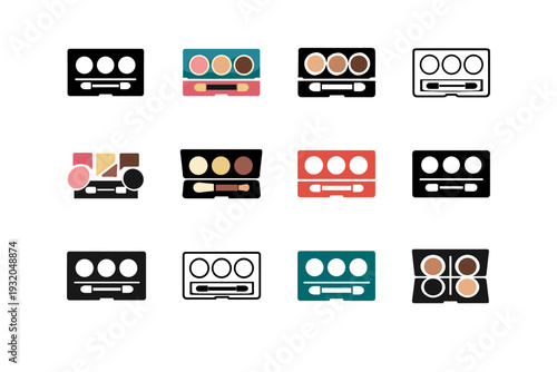 Makeup for photoshoot flat lay. Icon set. Set Logo of Makeup for photoshoot flat lay: eyeshadow palette top view. harmonious logo variations of the same