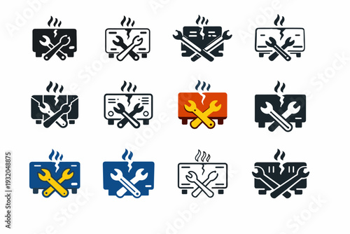 Fixing a heater. Icon set. Set Logo of Fixing a heater: broken heater unit. harmonious logo variations of the same emblematic concept, each with different